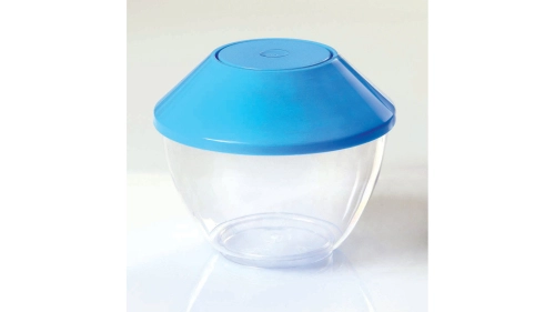 Rounded bowl transparent 130cc No 1  with cap in blue color